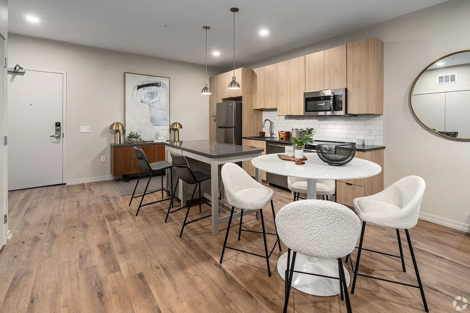 Photo of an open kitchen and dining area