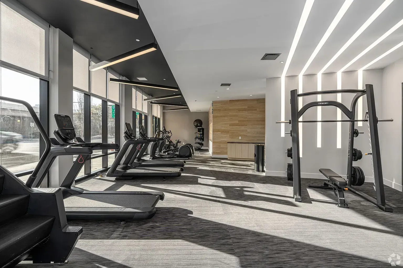 Photo of a community gym with plenty of natural lighting and a variety of equipment