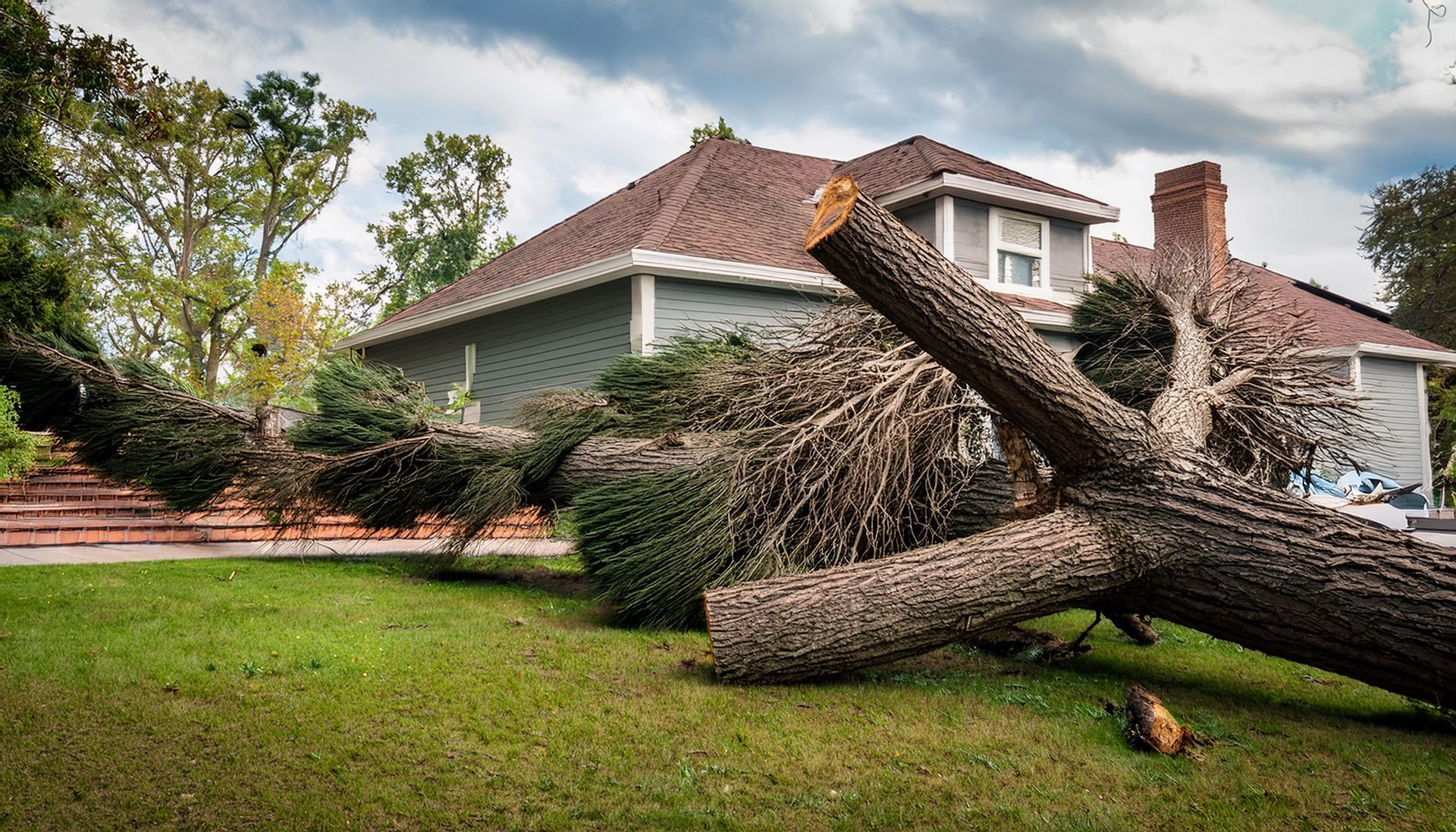 A large storm-snapped tree has fallen across the front yard next to a house after severe wind damage A large storm-snapped tree has fallen across the front yard next to a house after severe wind damage