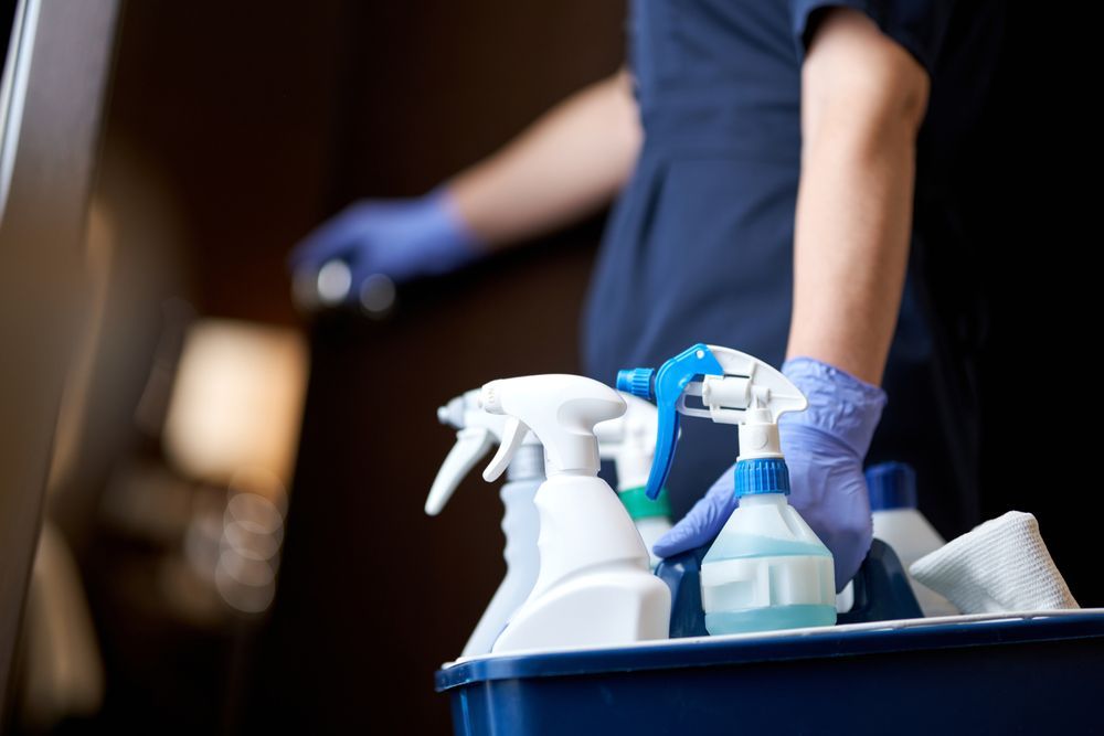 A woman is carrying a bucket of cleaning supplies.