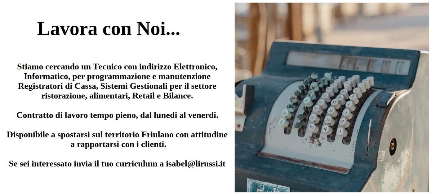 Manifesto in italiano con testo a sinistra e foto di un registratore di cassa d'epoca a destra.