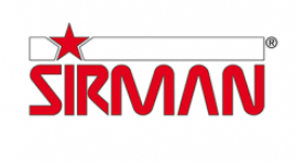 Logo Sirman in rosso con stella rossa e linea grigia su sfondo bianco.