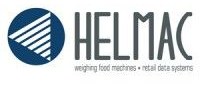 Logo HELMAC con icona circolare blu e testo grigio per macchine di pesatura per alimenti e sistemi di gestione dati per la vendita al dettaglio.