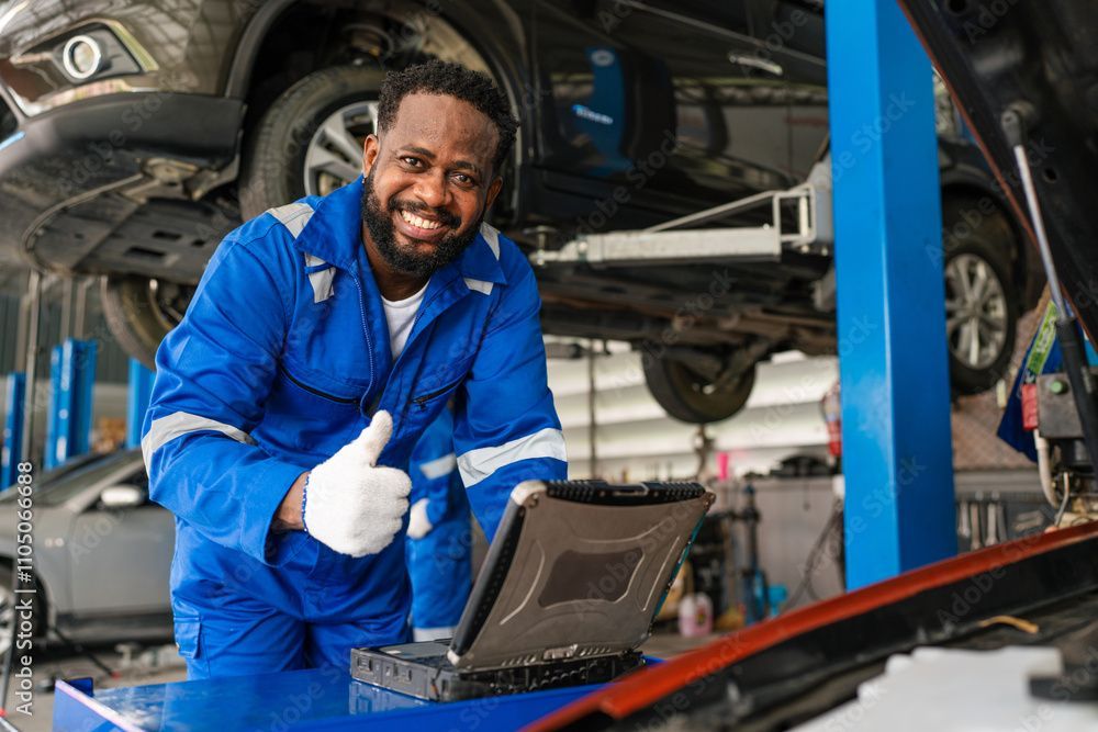 A mechanic is giving a thumbs up while using a laptop computer in a garage.
