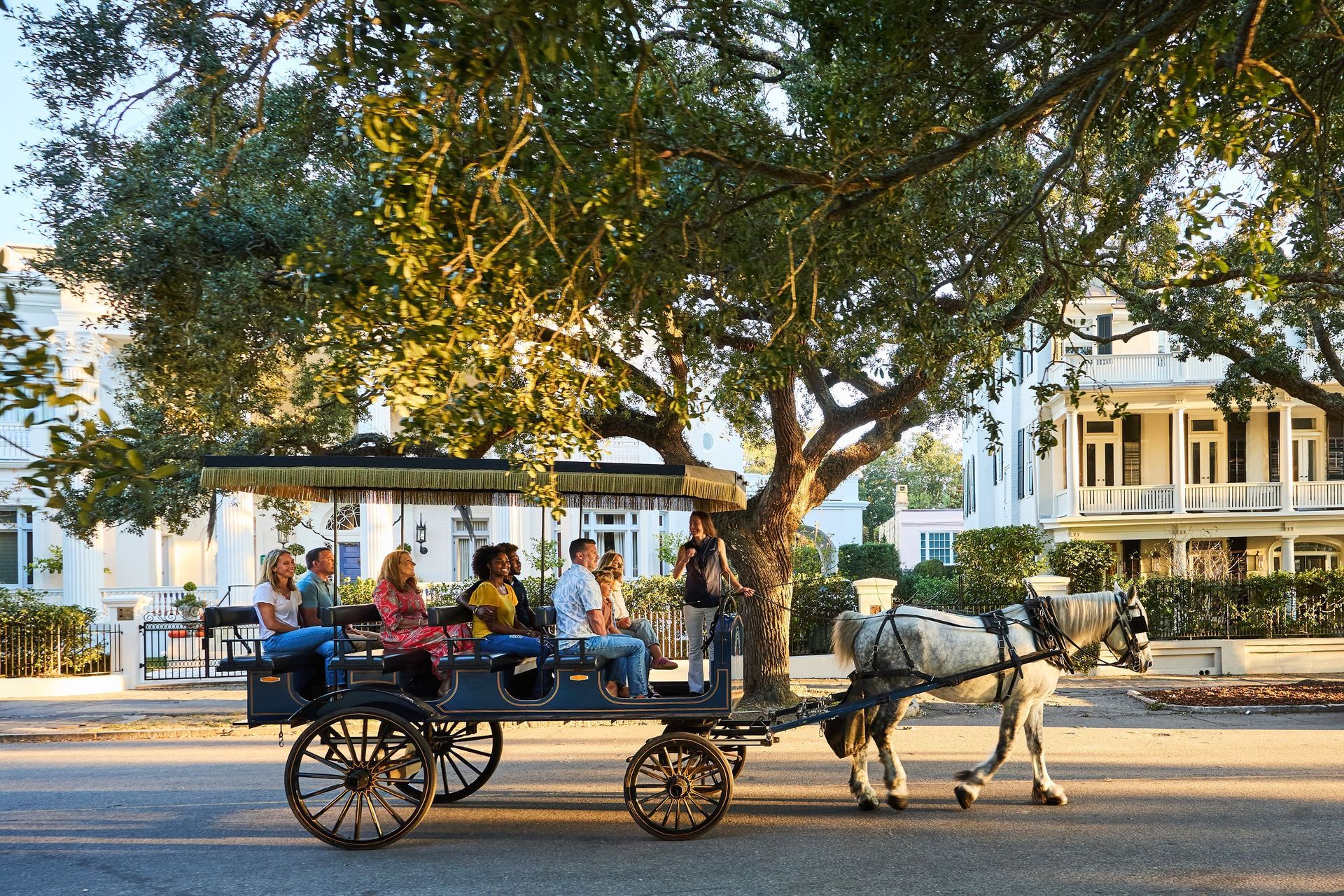 A group of people are riding in a horse drawn carriage down a street.