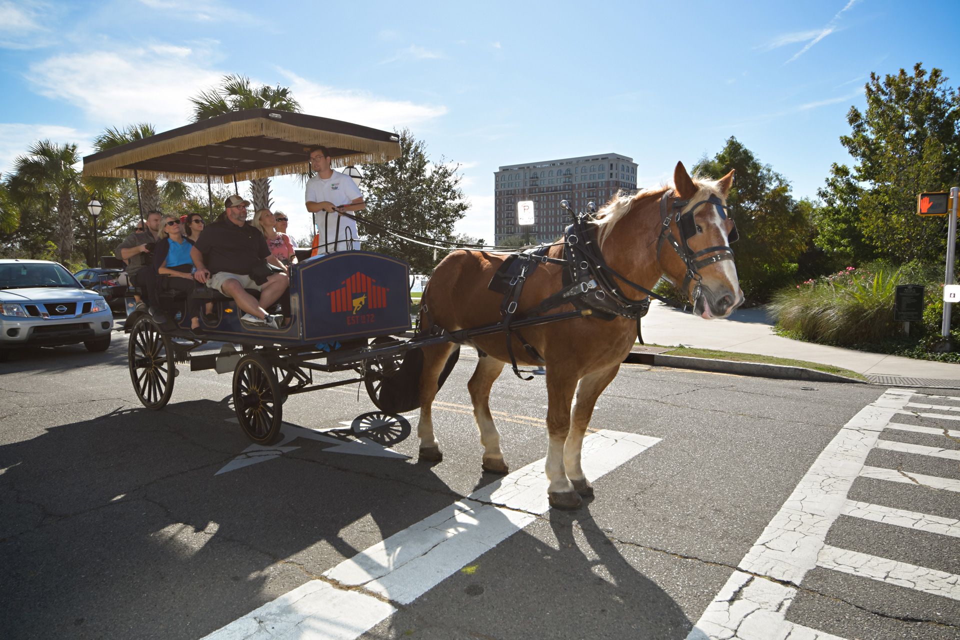 A horse drawn carriage with people in it is driving down a street.