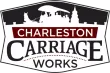 The logo for charleston carriage works shows a horse drawn carriage with a castle in the background.