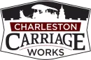 The logo for charleston carriage works shows a horse drawn carriage with a castle in the background.