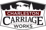 The logo for charleston carriage works shows a horse drawn carriage with a castle in the background.