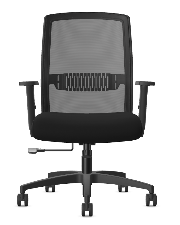 Black ergonomic office chair with mesh back and adjustable armrests.