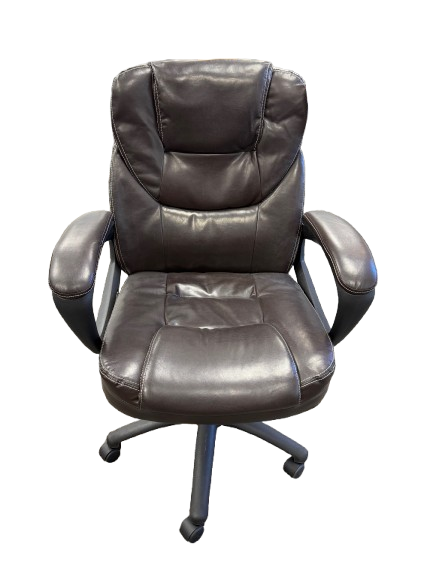 Brown leather office chair with padded seat, back, and arms.