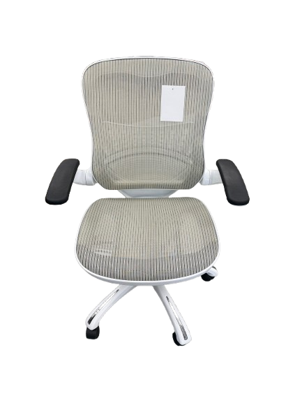 Ergonomic office chair with white frame, gray mesh back and seat, black armrests.