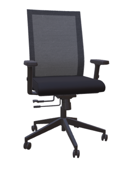 Black mesh office chair with adjustable arms and base.