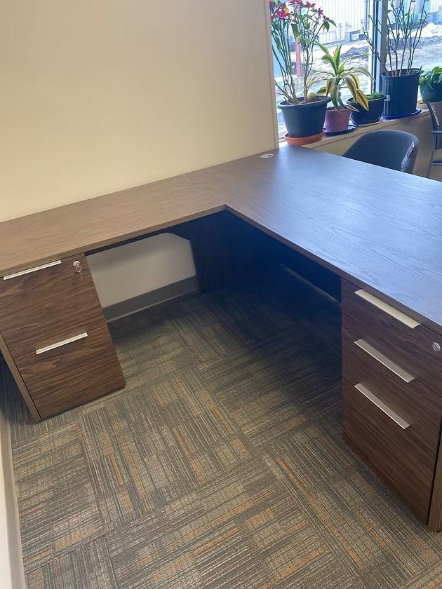 L-shaped brown office desk with drawers, sitting on patterned carpet. A window with potted plants is in the background.