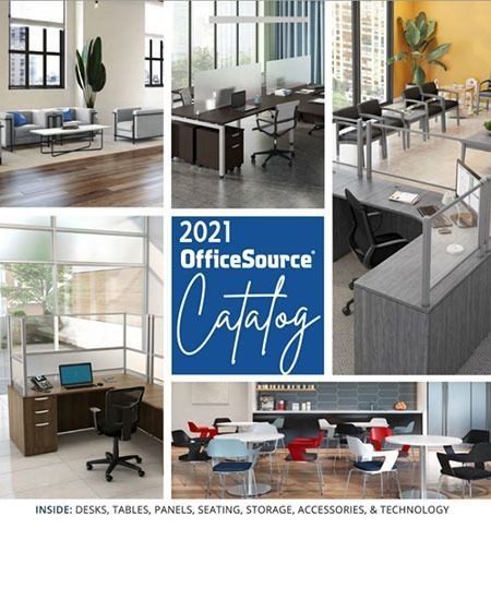 2021 OfficeSource catalog cover with office furniture layouts: desks, tables, panels, seating, storage, and accessories.