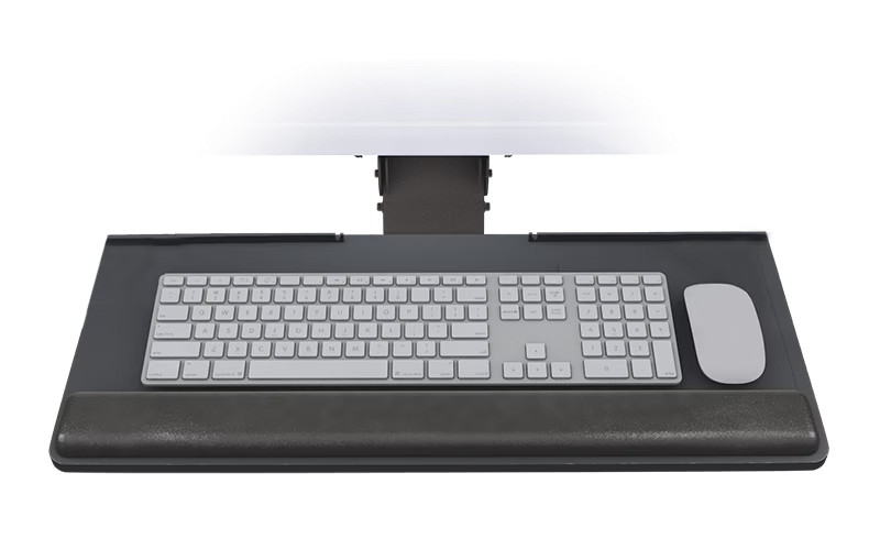 Keyboard tray with keyboard and mouse, attached to monitor stand.