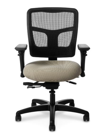 Black and tan office chair with mesh back, adjustable arms, and wheeled base.
