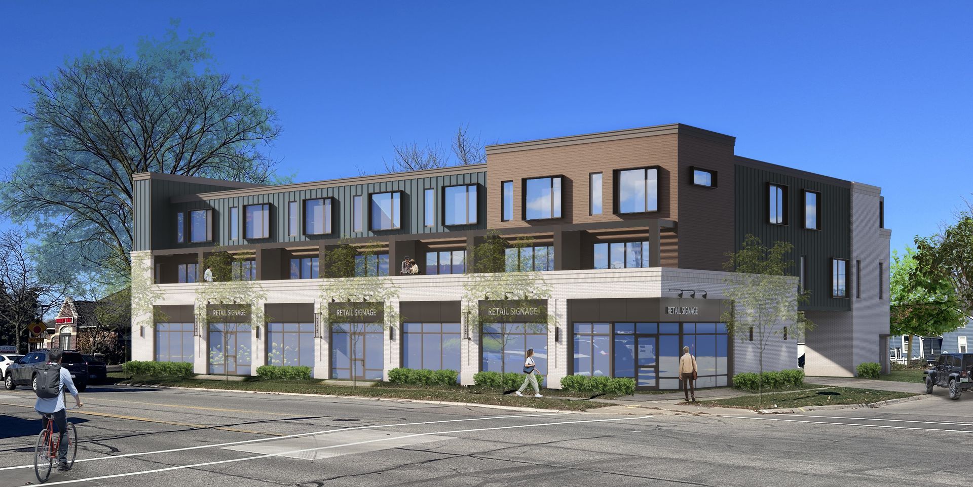 Modern building with retail spaces on the ground floor, residential units above. Street scene with people and trees.