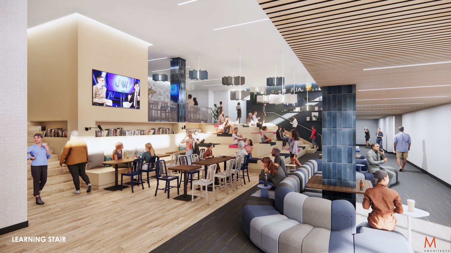 Modern lounge with people. Seating areas include a tiered platform, tables, and a curved sofa. Large TV screen.