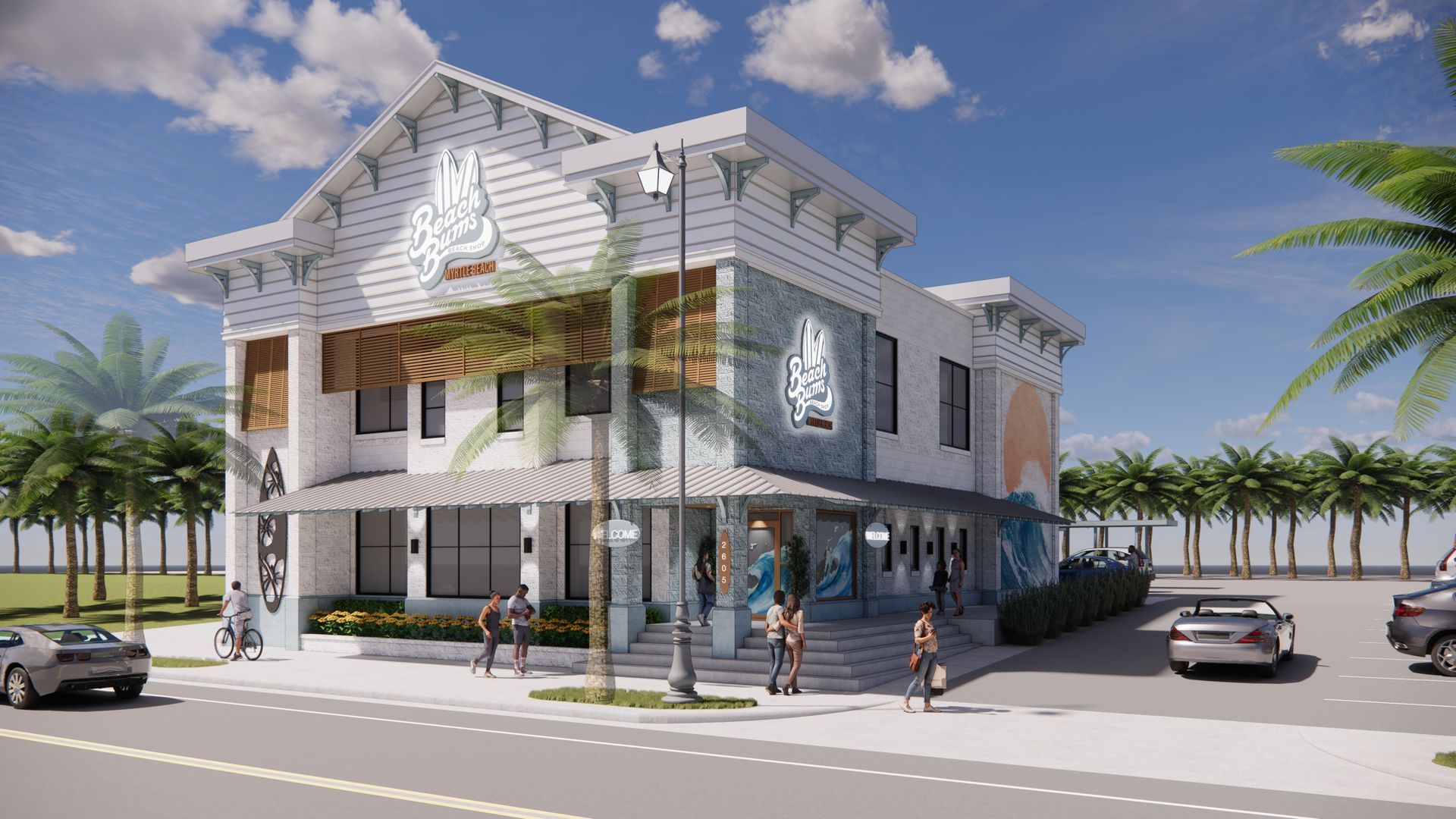 Two-story commercial building with colorful murals, parking lot, palm trees, and people walking by.