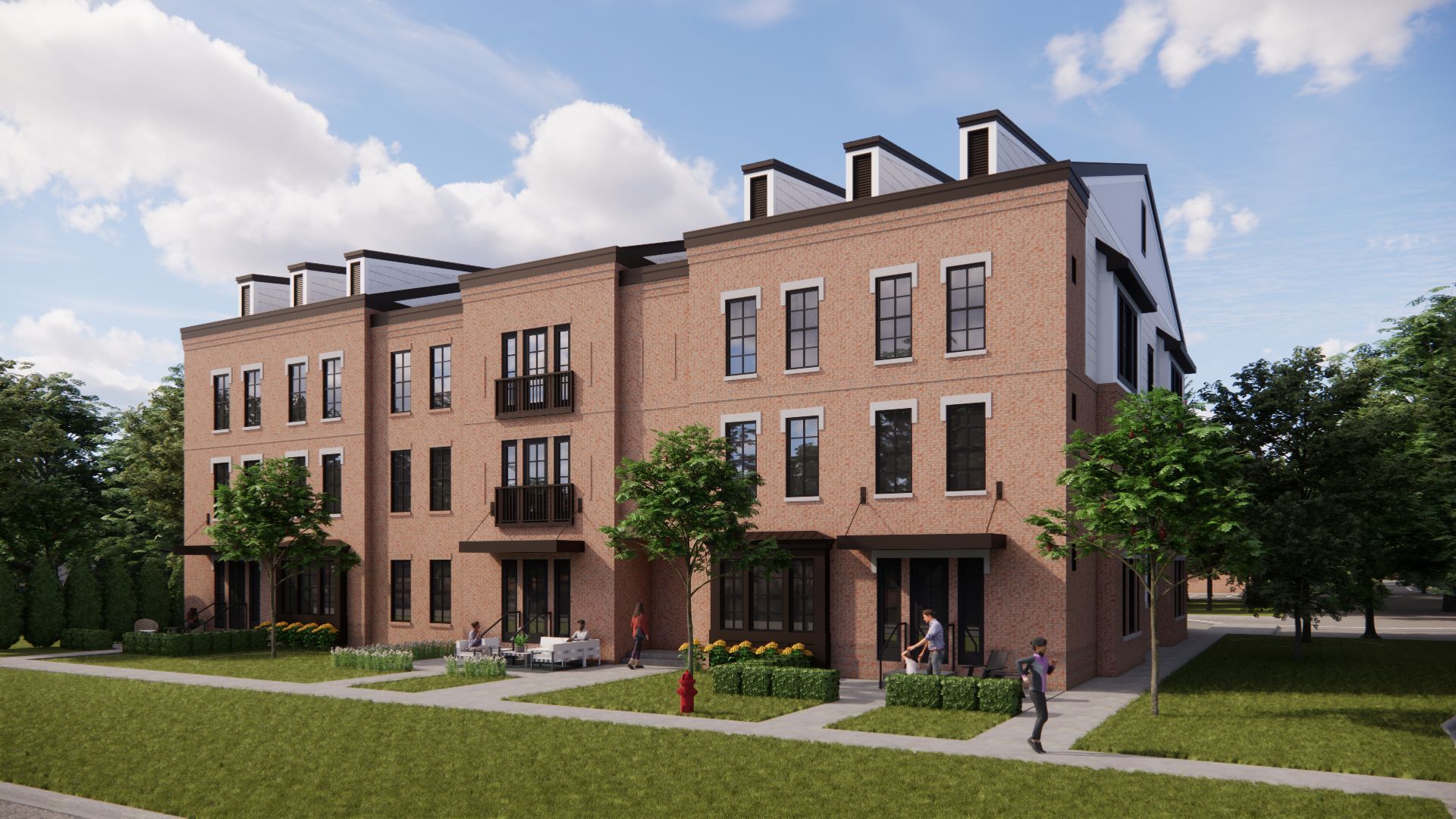 Brick townhouses with black accents, trees, and a sunny sky.