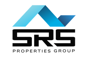 SRS Properties Group logo with blue geometric roof mark and black text on white background