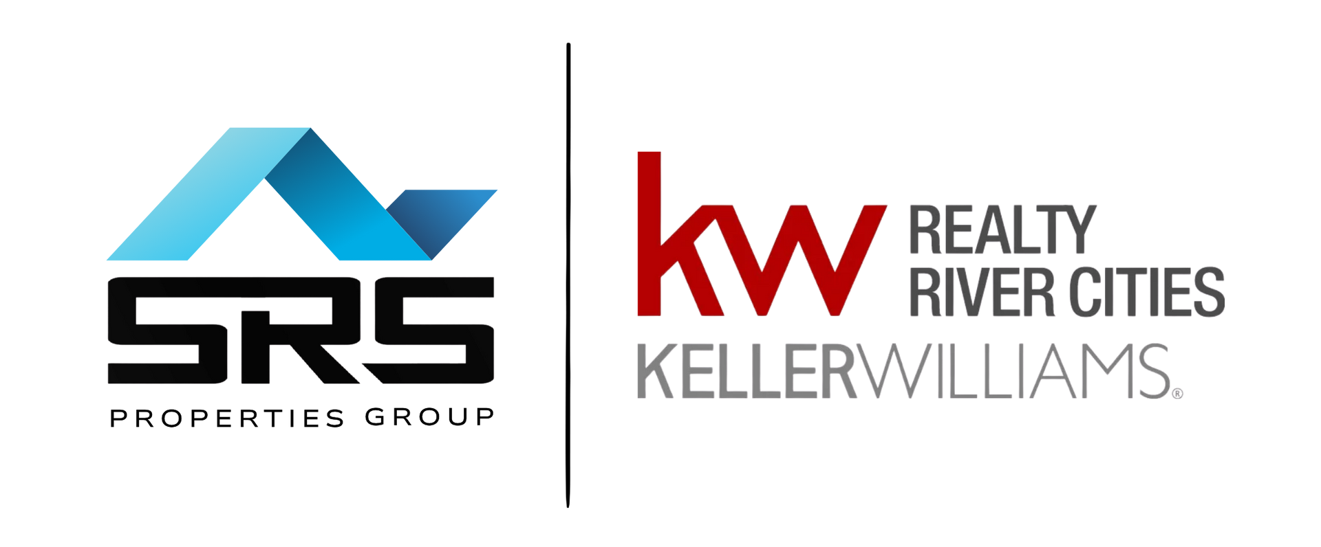 A split logo for SRS Properties Group and Keller Williams Realty River Cities, separated by a vertical line.