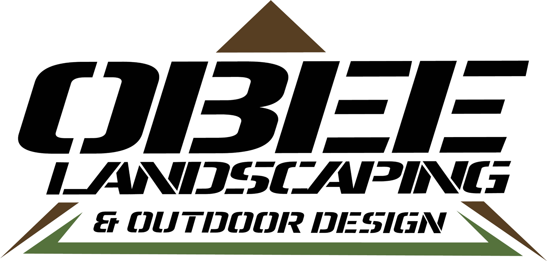 Logo for Obee Landscaping & Outdoor Design; black, bold text with brown and green accenting shapes.