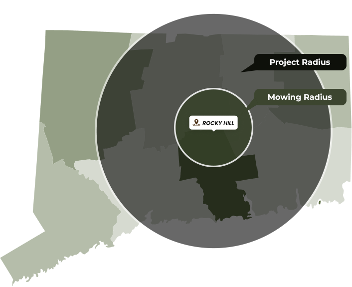 Map of Connecticut with circles indicating project and mowing radii around Rocky Hill.