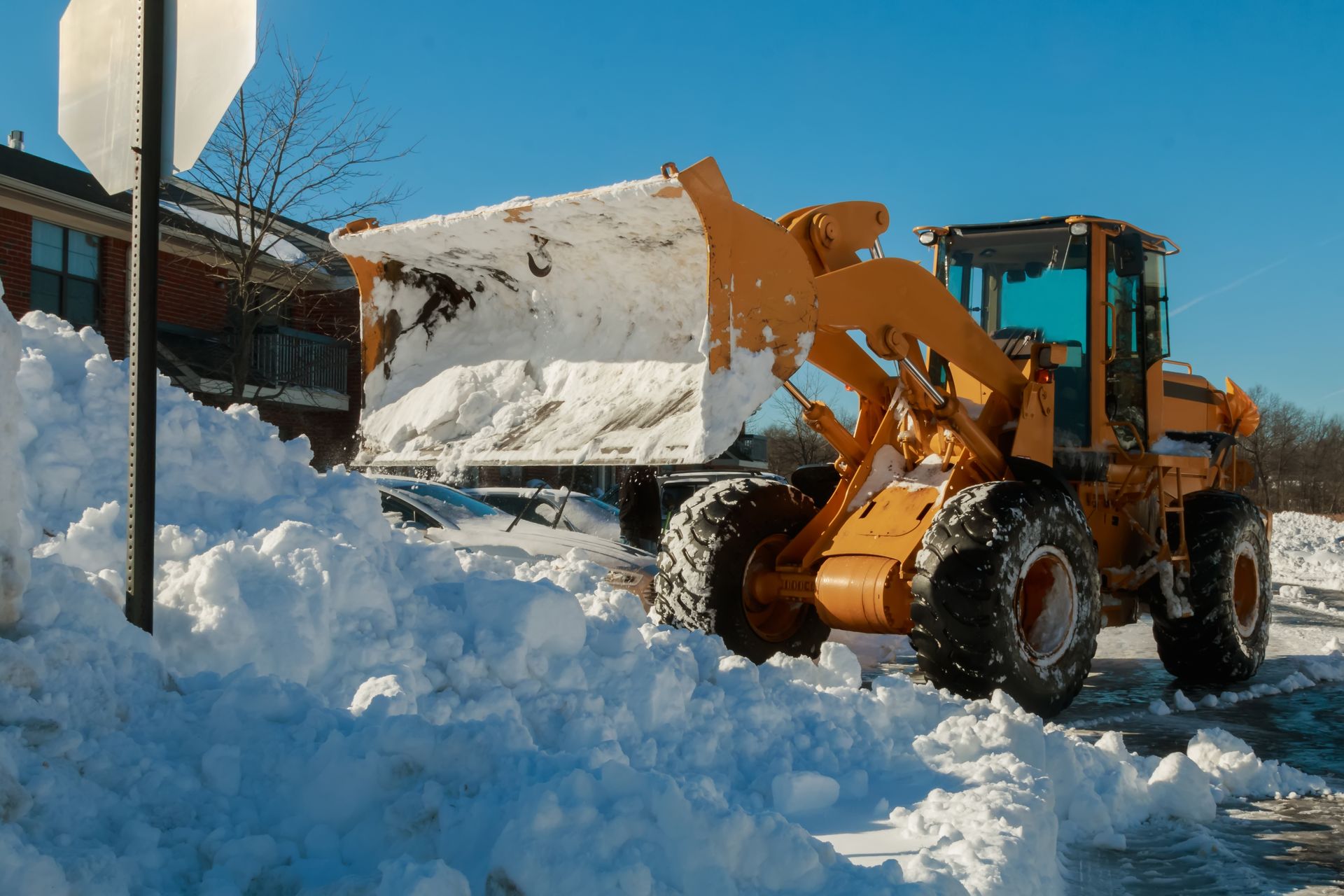 Yellow front-end loader clearing snow from a street on a sunny day.
