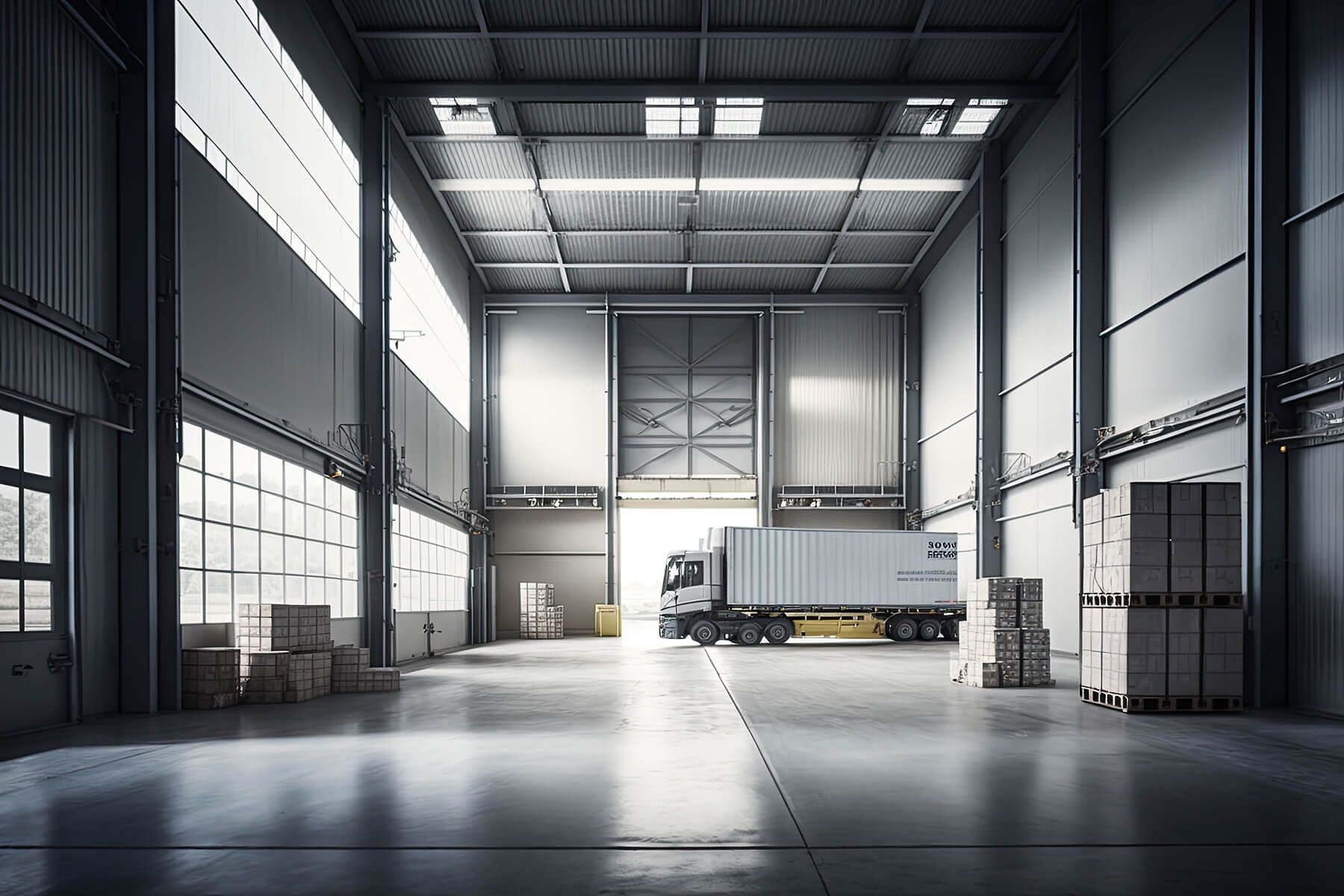 a truck is parked inside of a large warehouse .