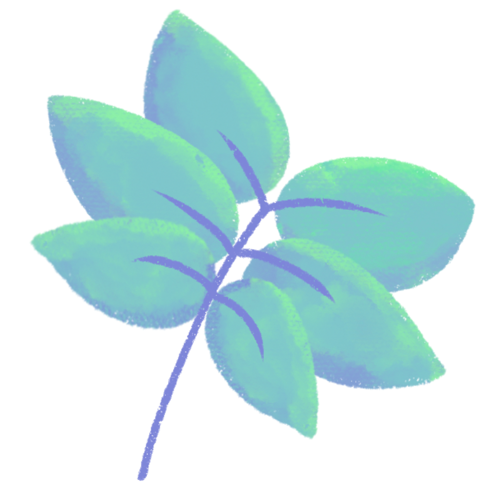 Blue and green stylized plant with leaves.