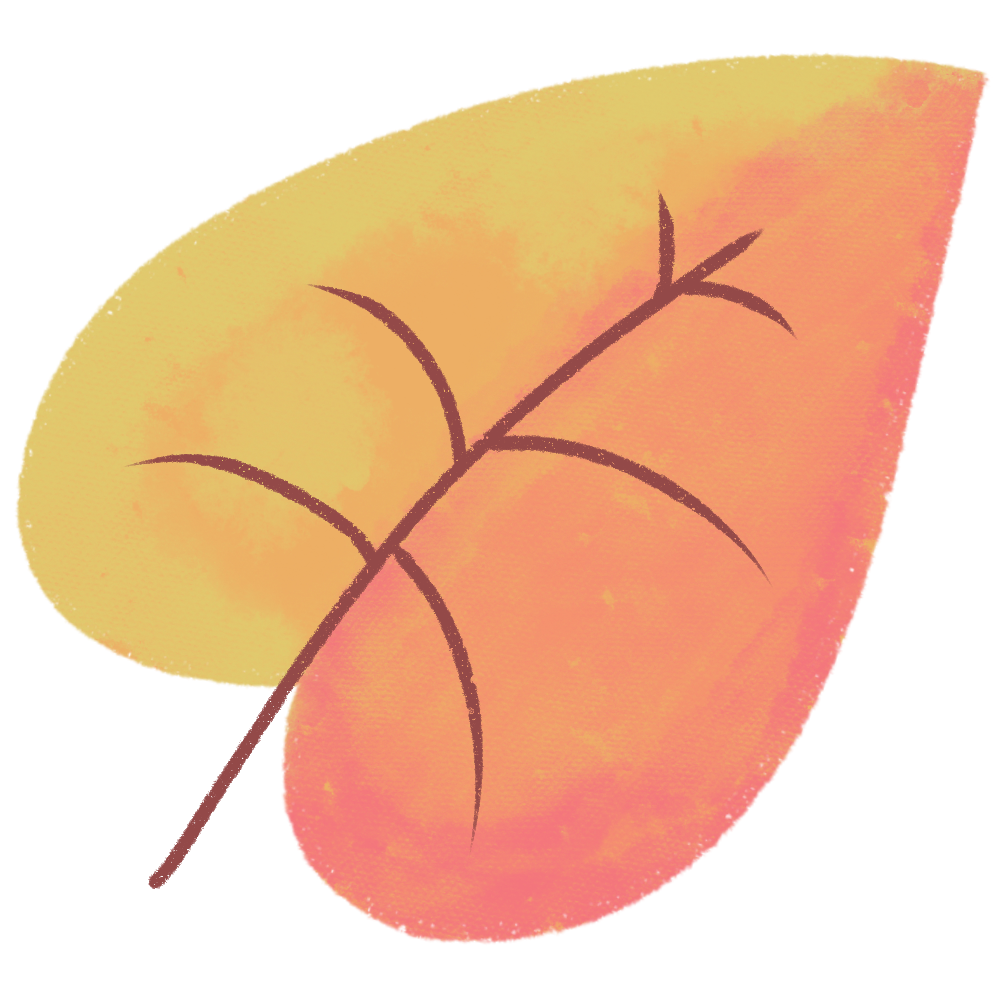 Autumn leaf with yellow to orange watercolor gradient. Dark brown stem and veins.