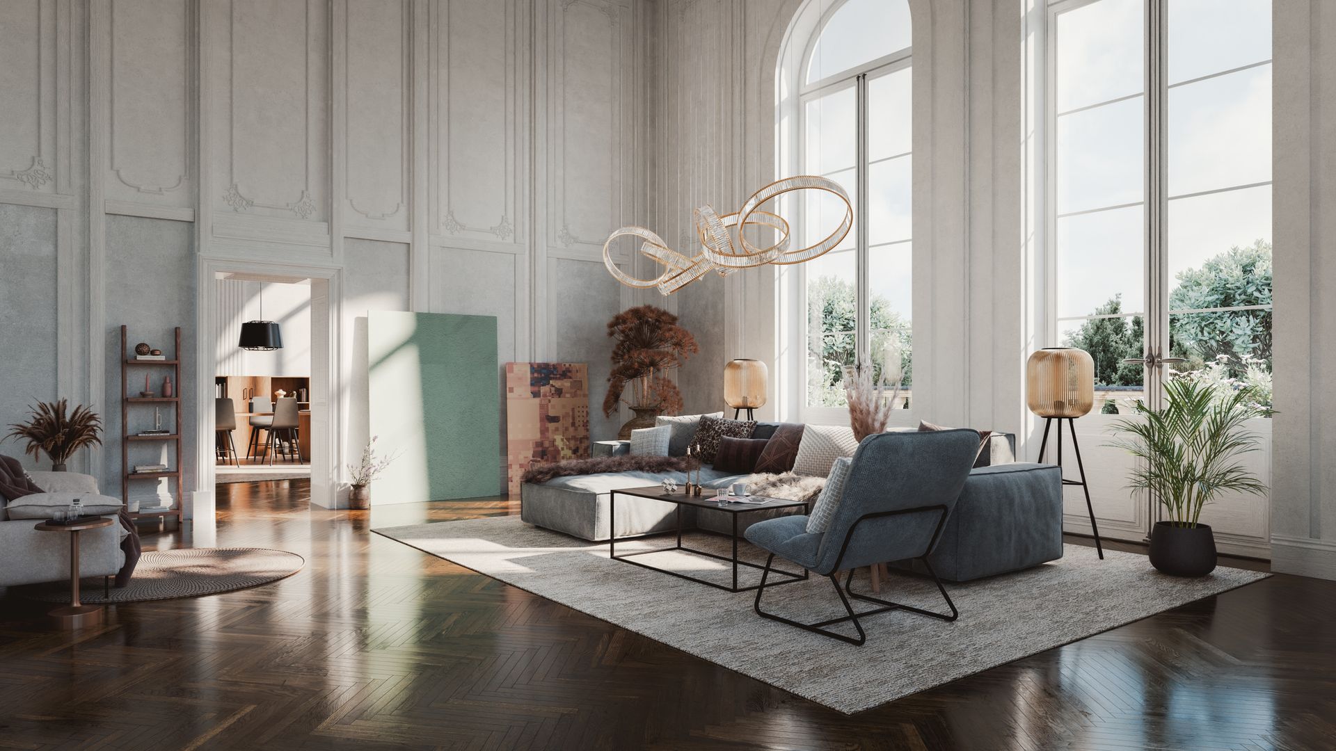 parquet in legno medio scuro in un ampio soggiorno