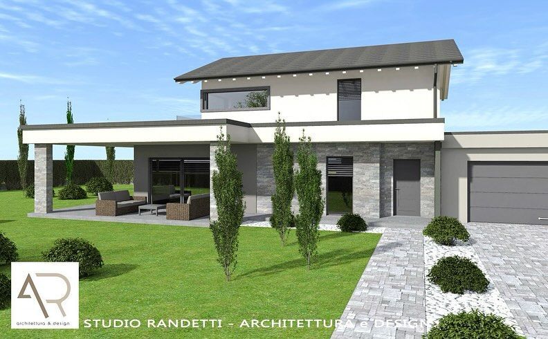 Rendering di una moderna casa a due piani con stucco bianco, dettagli in pietra, patio con pergolato, prato e vialetto pavimentato.