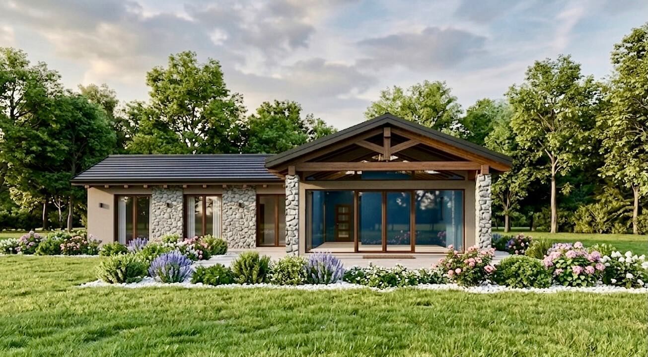 Rendering di una moderna casa a due piani con stucco bianco, tetto scuro, dettagli in pietra e giardino anteriore curato.