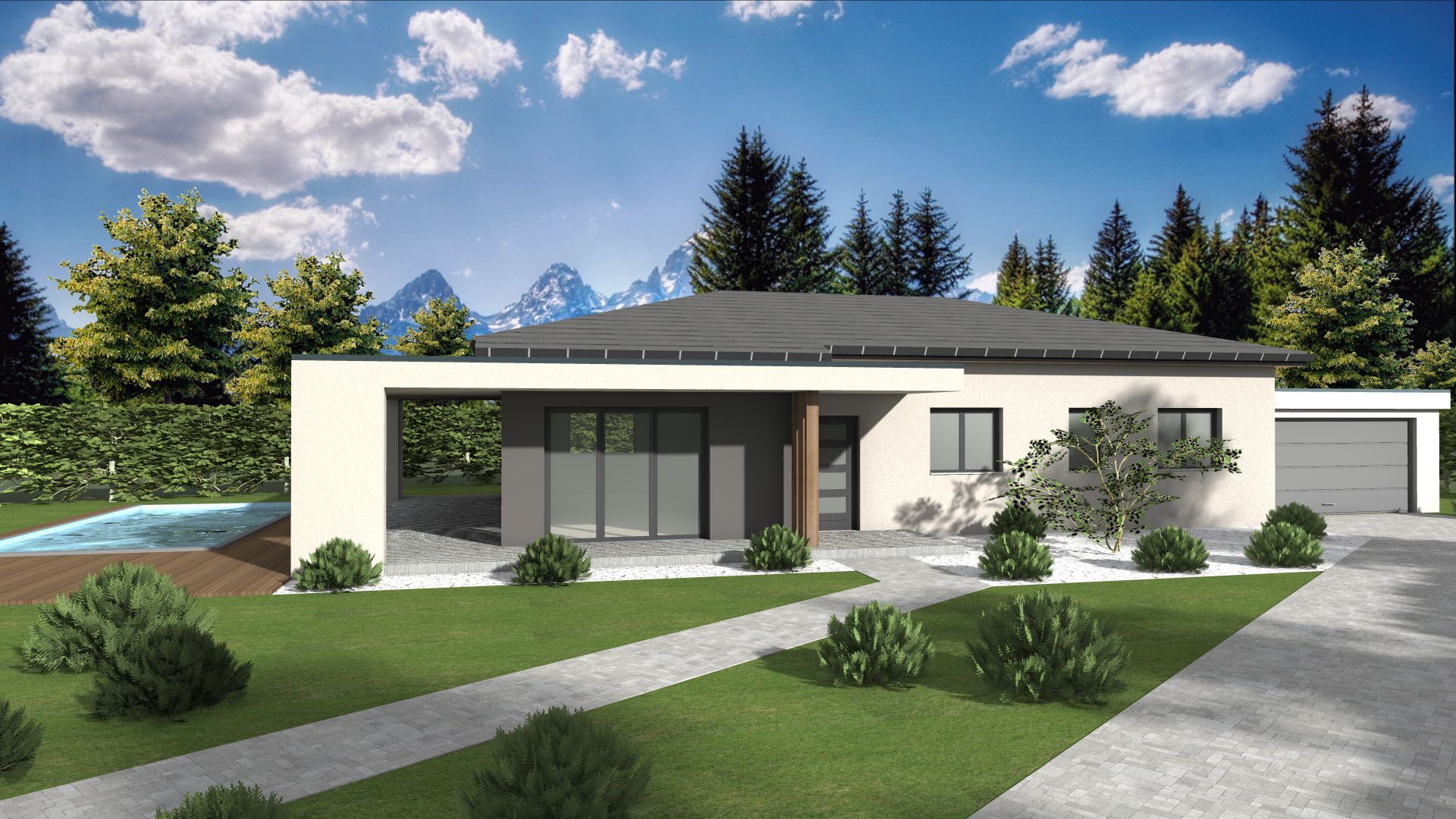 Casa moderna bianca a un solo piano con ampie finestre, vialetto in pendenza e prato curato sotto un cielo azzurro.