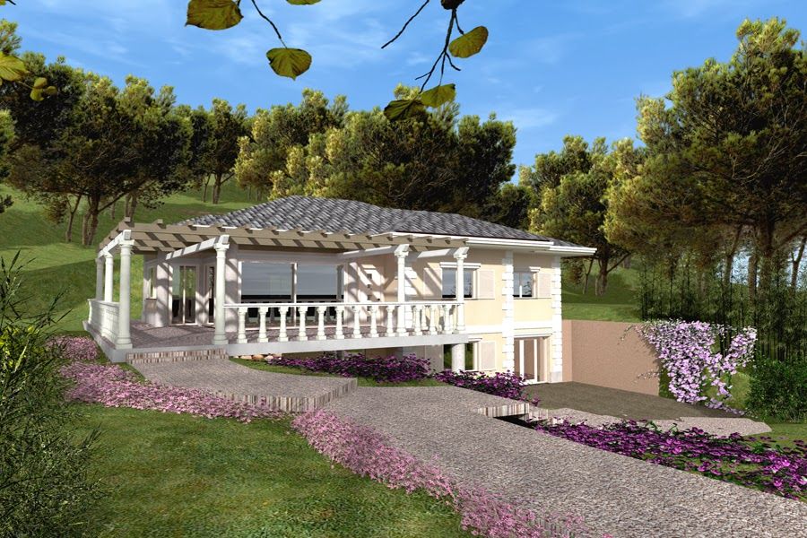 Casa bianca con veranda su una collina paesaggistica, circondata da alberi e fiori viola sotto un cielo azzurro.
