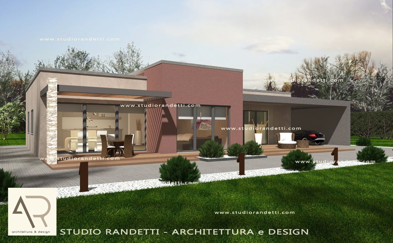 Rendering esterno di una casa moderna con elementi in legno, mattoni e vetro, oltre a patio e giardino.