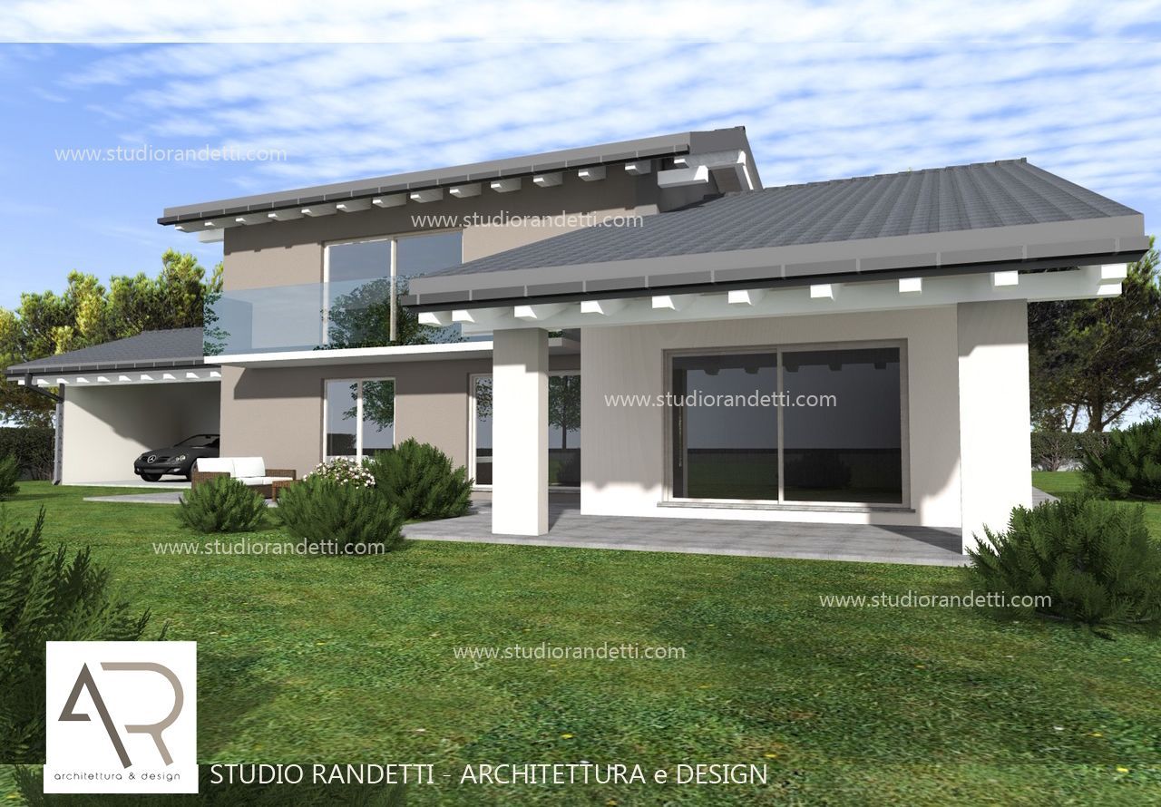 Rendering di una moderna casa a due piani con colonne bianche, tetto grigio e prato verde.