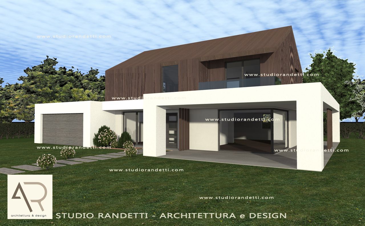 Rendering di una moderna casa a due piani con facciata bianca e in legno, posto auto coperto aperto e giardino anteriore curato.