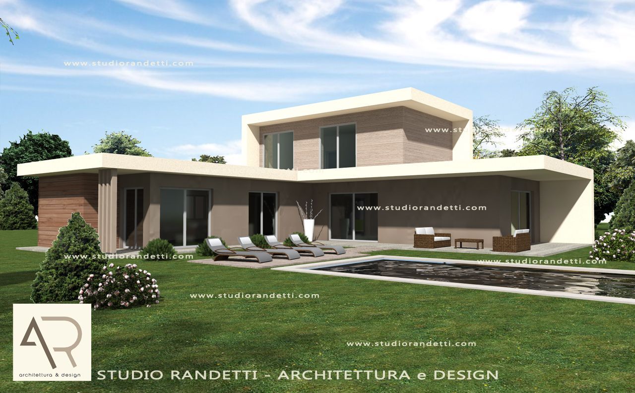 Rendering di una moderna casa a due piani con pareti beige, finiture scure e un giardino anteriore curato.
