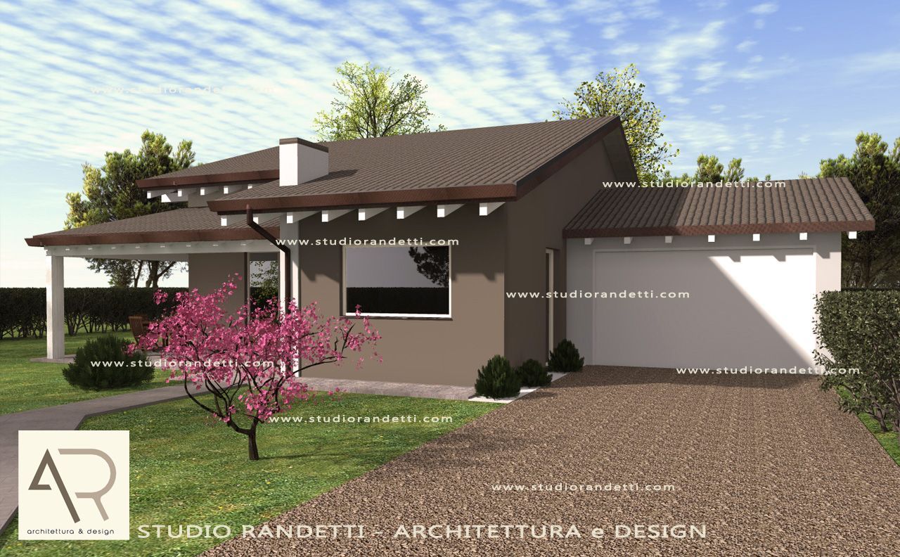 Casa moderna a un solo piano con tetto marrone, garage bianco e albero in fiore rosa di fronte.