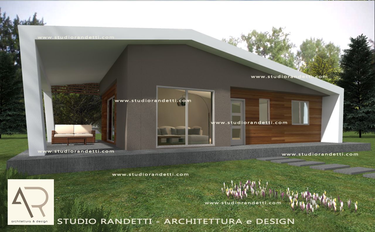 Rendering esterno di una casa moderna con facciata angolare grigia e bianca, dettagli in legno e ampie finestre in vetro.