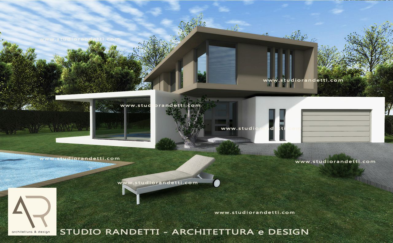 Casa moderna a due piani con piscina, patio bianco, rivestimento in legno e prato curato, in piena luce naturale.
