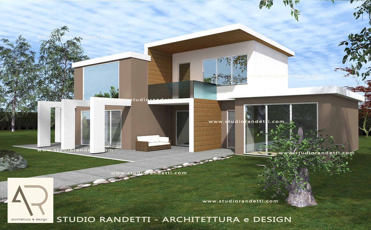 Rendering di una moderna casa contemporanea a due piani con facciata bianca e in legno, ampie finestre e prato.