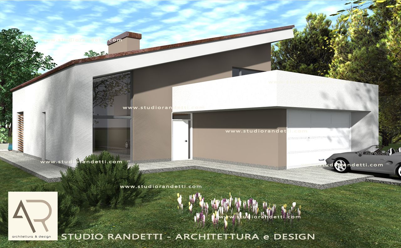 Rendering di una moderna casa a due piani con esterni bianchi e grigi, garage curvo e giardino paesaggistico.