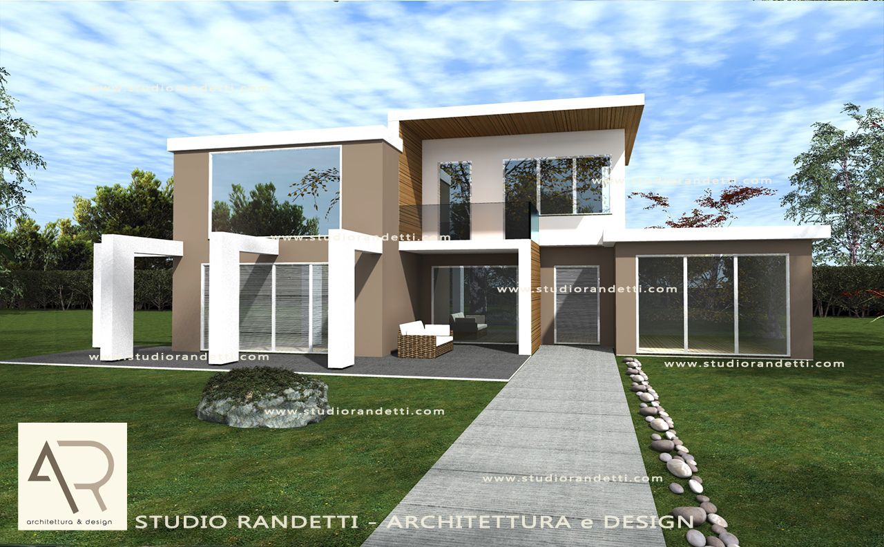 Casa moderna a due piani con facciata beige e bianca, ampie finestre e un prato ben curato sotto un cielo azzurro.