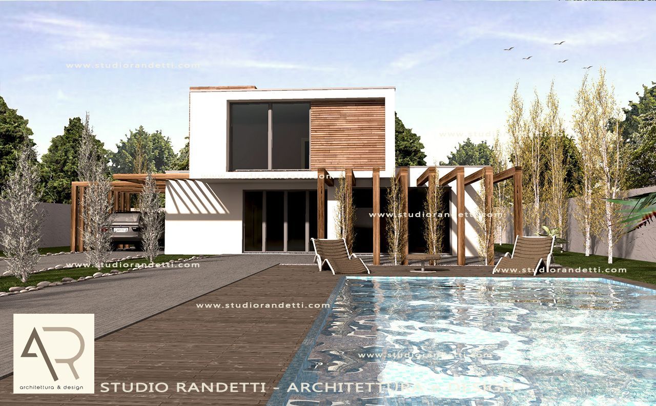 Casa moderna a due piani con dettagli in legno, piscina e giardino paesaggistico sotto un cielo luminoso