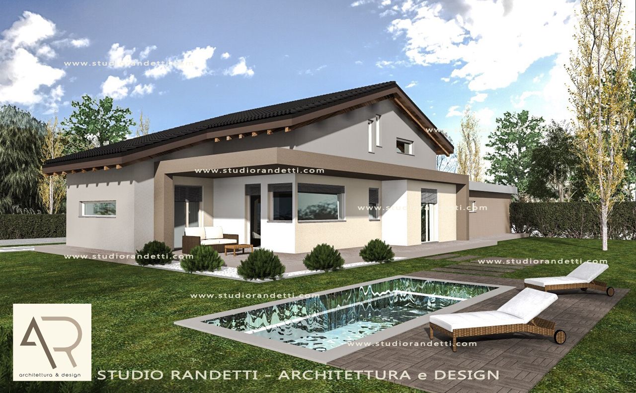 Casa moderna a un solo piano, di colore beige, con tetto scuro, giardino curato e vialetto in pietra.